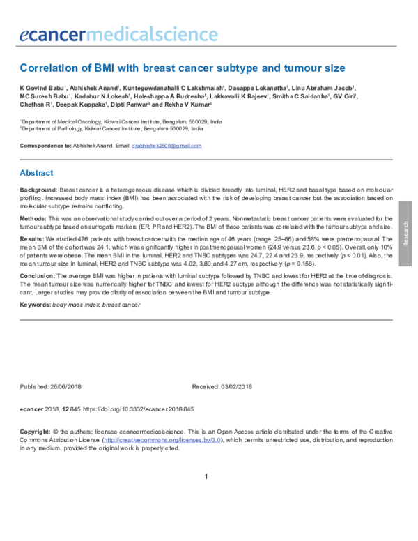 (PDF) Correlation of BMI with breast cancer subtype and tumour size
