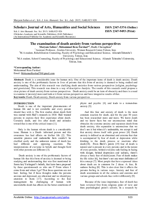 (PDF) The examination of death anxiety from various perspectives