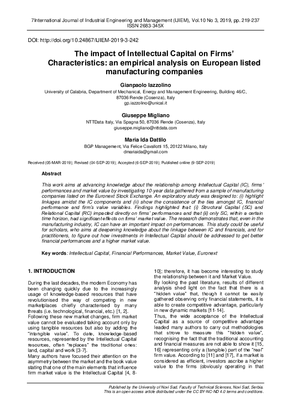 (PDF) The impact of Intellectual Capital on Firms’ Characteristics: an ...