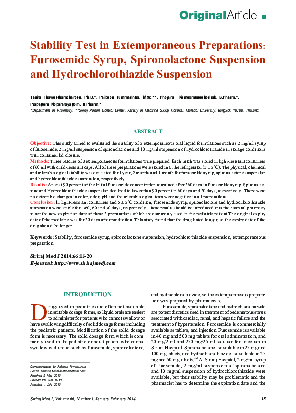 (PDF) Stability Test in Extemporaneous Preparations Furosemide Syrup