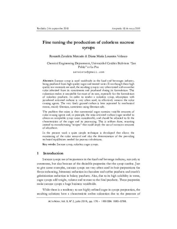 (PDF) Fine tuning the production of colorless sucrose syrups
