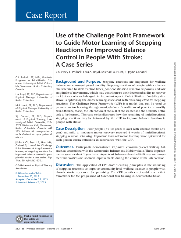 (PDF) Use of the Challenge Point Framework to Guide Motor Learning of ...
