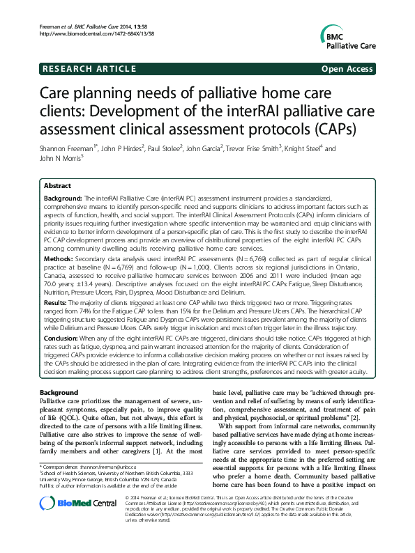 (PDF) Care planning needs of palliative home care clients: Development ...