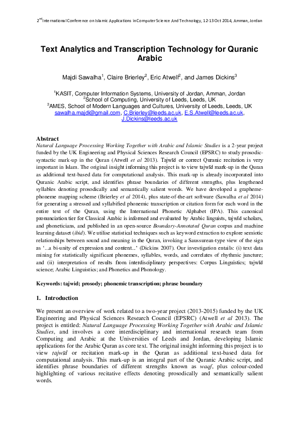 (PDF) Text Analytics and Transcription Technology for Quranic Arabic