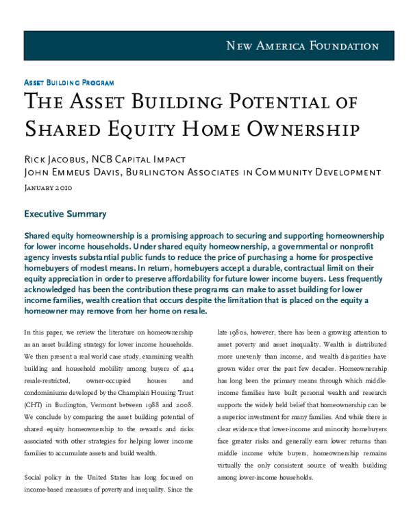 (PDF) The Asset Building Potential of Shared Equity Home Ownership