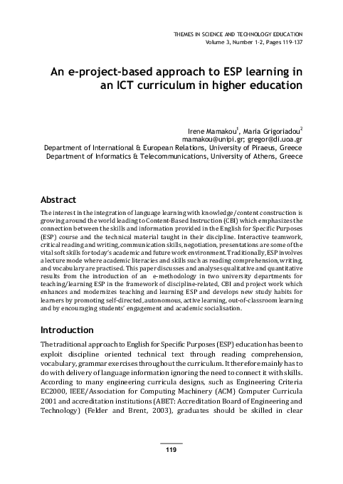 (PDF) An e-project-based approach to ESP learning in an ICT curriculum ...