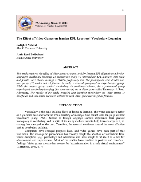 (PDF) The Effect of Video Games on Iranian EFL Learners' Vocabulary ...