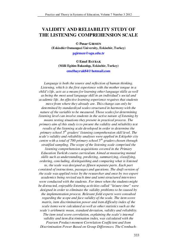 (PDF) Validity and Reliability Study of the Listening Comprehension Scale