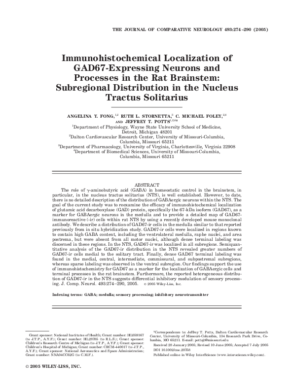 (PDF) Immunohistochemical localization of GAD67‐expressing neurons and ...