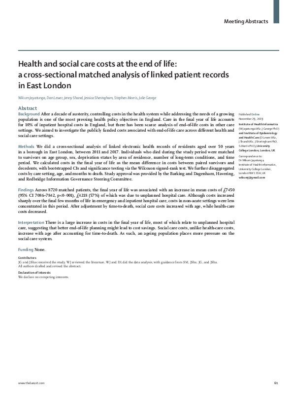 (PDF) Health and social care costs at the end of life: a cross ...
