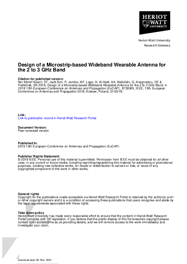 (PDF) Design of a Microstrip-based Wideband Wearable Antenna for the 2 ...
