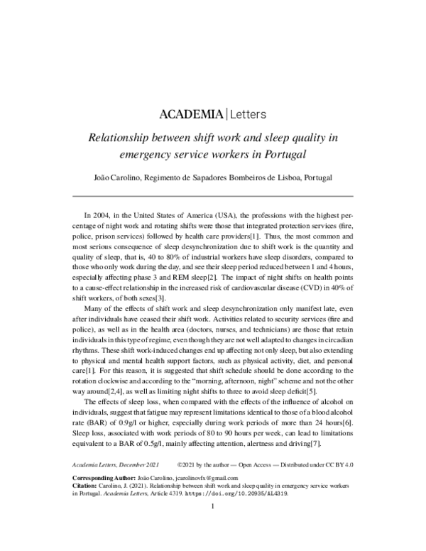 (PDF) Relationship between shift work and sleep quality in emergency ...