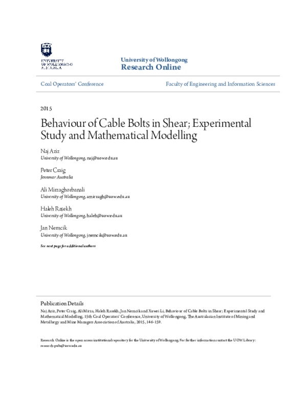 (PDF) Behaviour of Cable Bolts in Shear; Experimental Study and ...