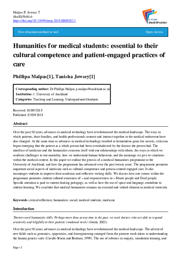 (PDF) Humanities for medical students: essential to their cultural ...