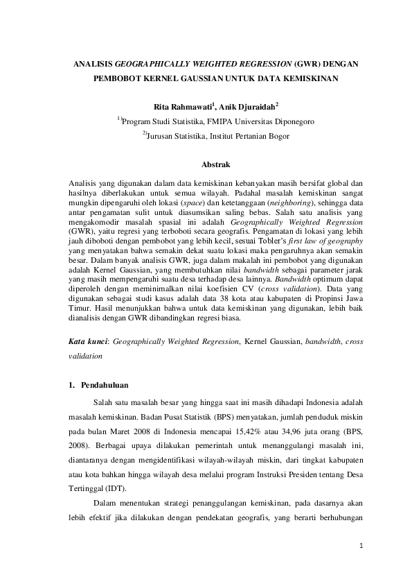 (PDF) Analisis Geographically Weighted Regresion (GWR ) Dengan Pembobot ...