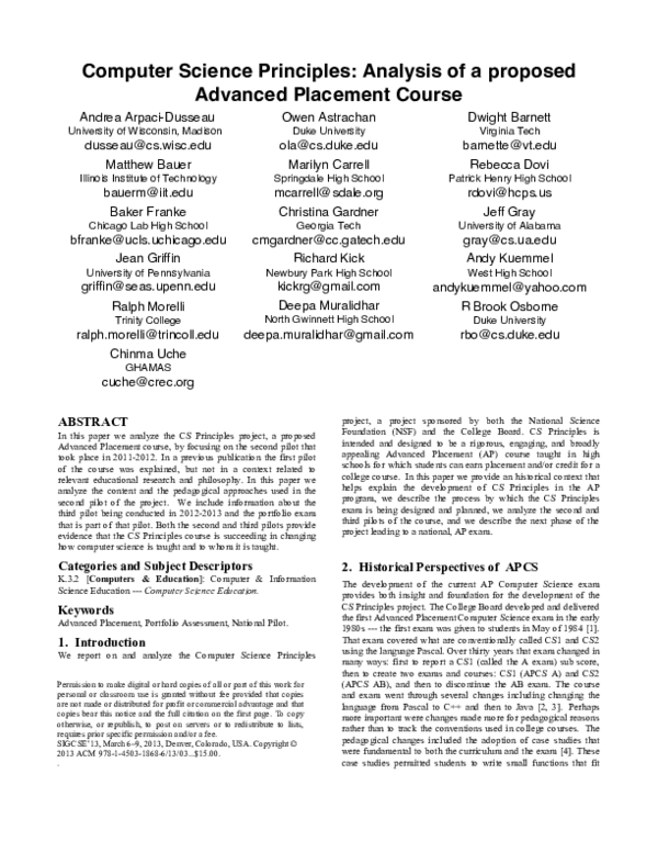 (PDF) Computer science principles: Analysis of a proposed advanced ...