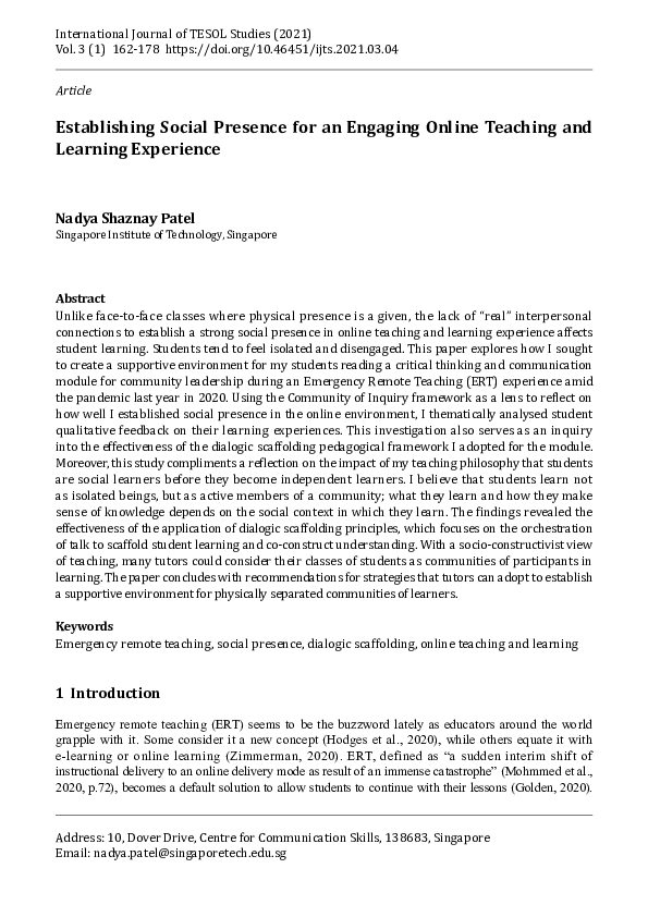 (PDF) Establishing Social Presence for an Engaging Online Teaching and ...