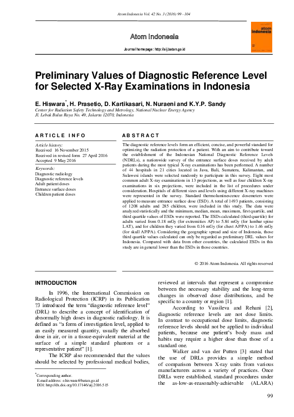 (PDF) Preliminary Values of Diagnostic Reference Level for Selected X ...