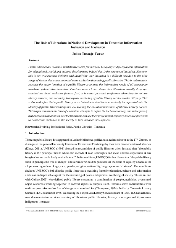 (PDF) The Role of Librarians in National Development in Tanzania ...