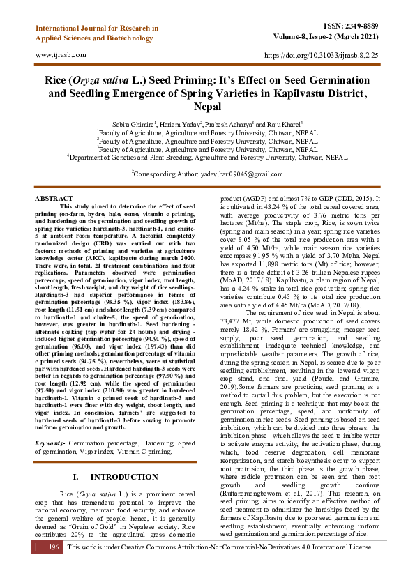 (PDF) Rice (Oryza sativa L.) Seed Priming: It’s Effect on Seed ...