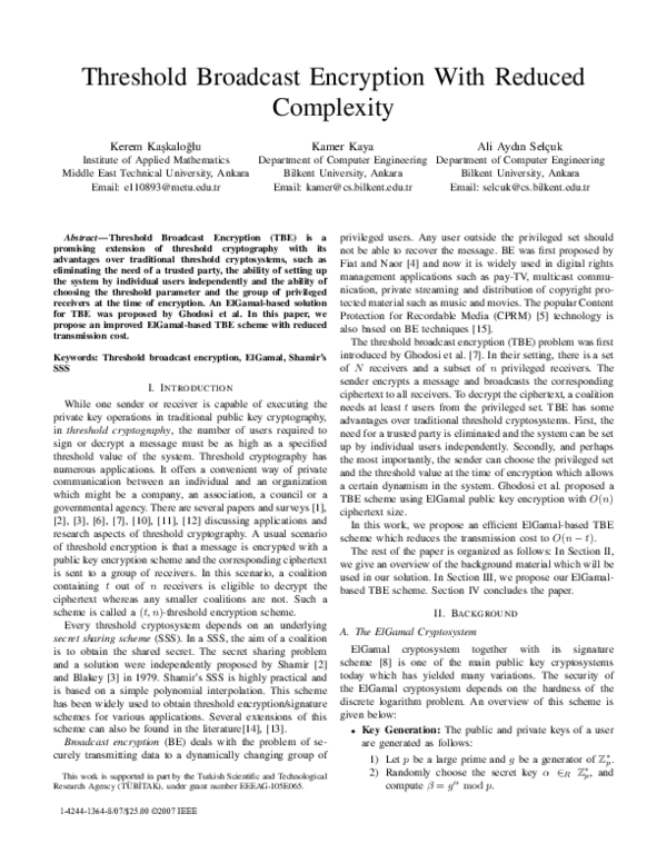 (PDF) Threshold Broadcast Encryption With Reduced Complexity