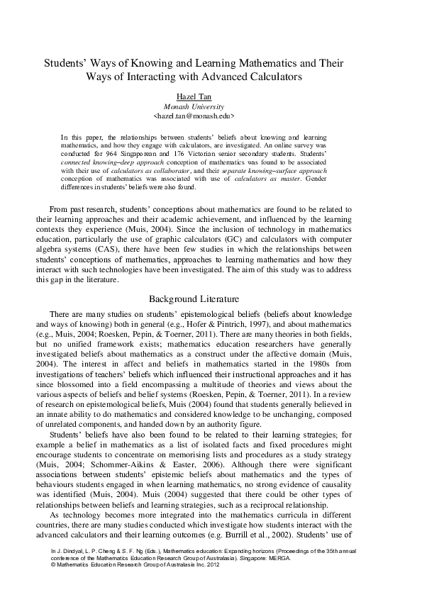 (PDF) Students' Ways of Knowing and Learning Mathematics and Their Ways ...