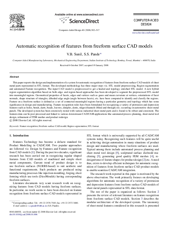 (PDF) Automatic recognition of features from freeform surface CAD models