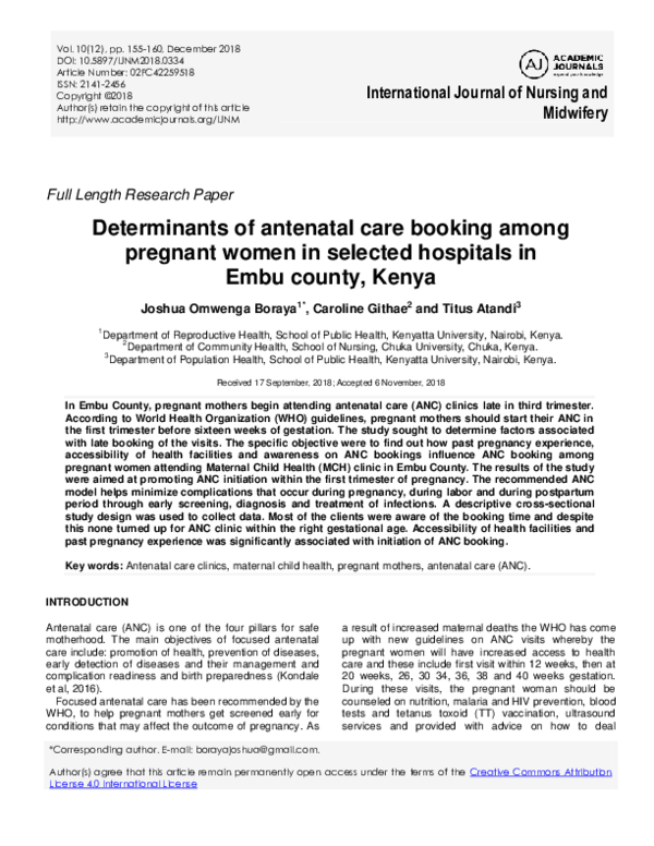 (PDF) Determinants of antenatal care booking among pregnant women in ...