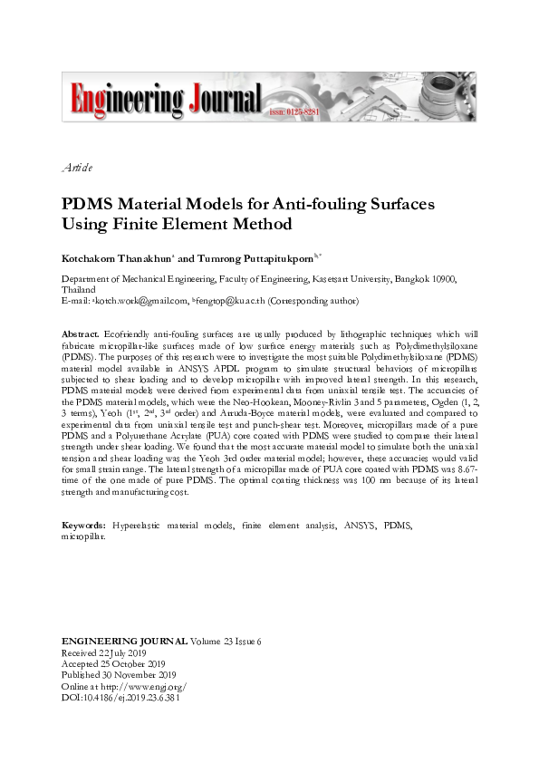 (PDF) PDMS Material Models for Anti-fouling Surfaces Using Finite ...