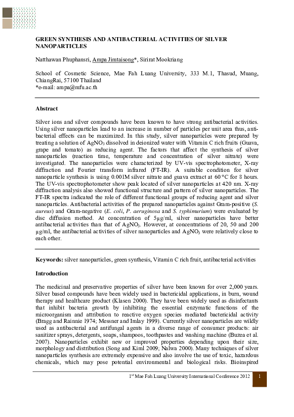 (PDF) Green Synthesis and Antibacterial Activities of Silver Nanoparticles