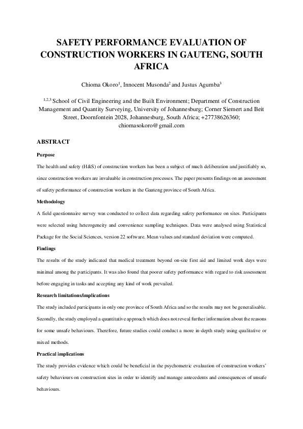 (PDF) Safety performance evaluation of construction workers in Gauteng ...
