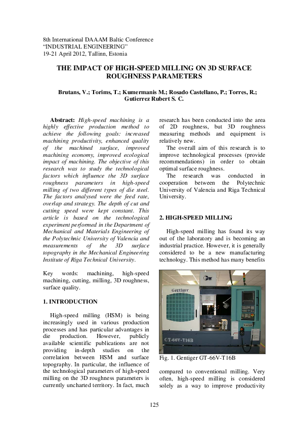 (PDF) The Impact of High-Speed Milling on 3D Surface Roughness Parameters