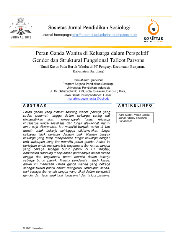(PDF) Peran Ganda Wanita di Keluarga dalam Perspektif Gender dan