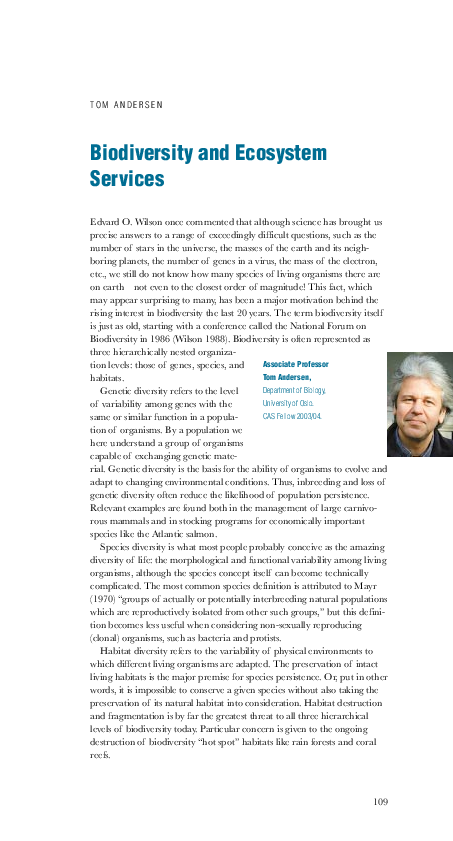 (PDF) Biodiversity and Ecosystem Services