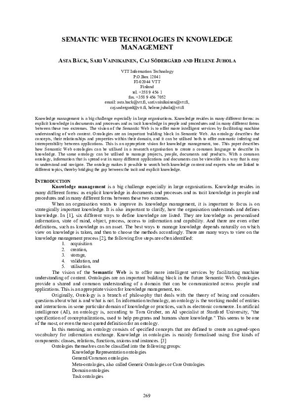 (PDF) Semantic Web Technologies in Knowledge Management