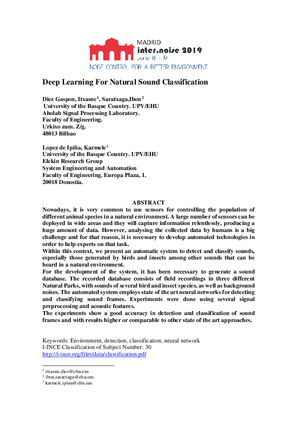 (PDF) Deep Learning For Natural Sound Classification