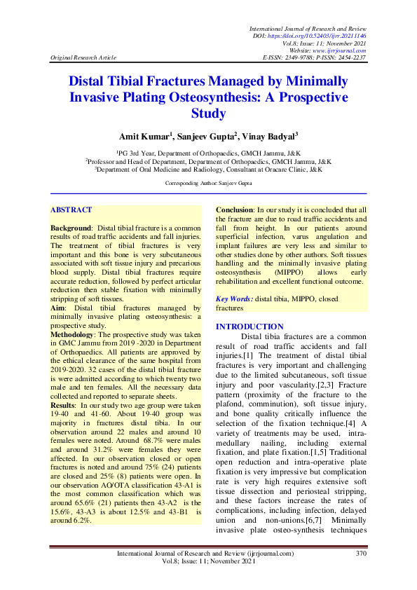 (PDF) Distal Tibial Fractures Managed by Minimally Invasive Plating ...