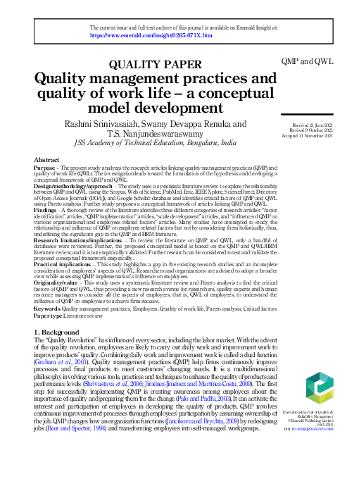 (PDF) Quality management practices and quality of work lifea conceptual ...