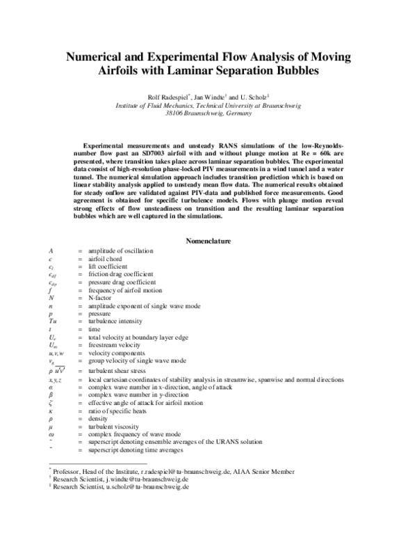 (PDF) Numerical and Experimental Flow Analysis of Moving Airfoils with ...