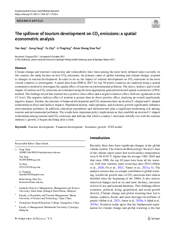 (PDF) The spillover of tourism development on CO2 emissions: a spatial ...