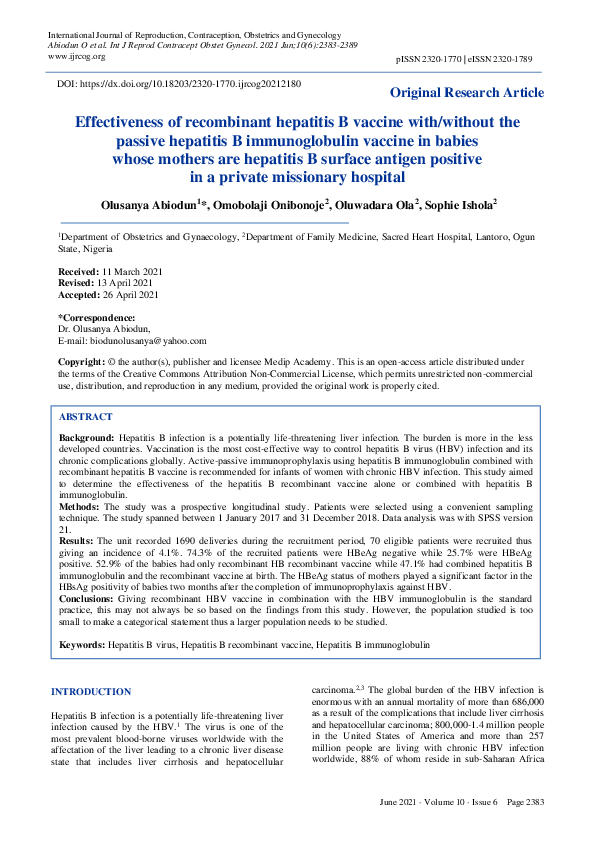 (PDF) Effectiveness of recombinant hepatitis B vaccine with/without the ...