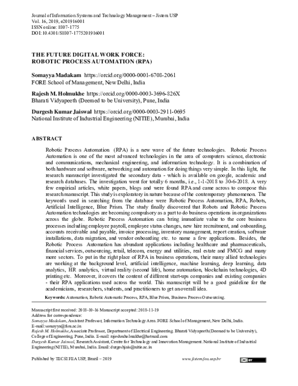 (PDF) The Future Digital Work Force: Robotic Process Automation (RPA)