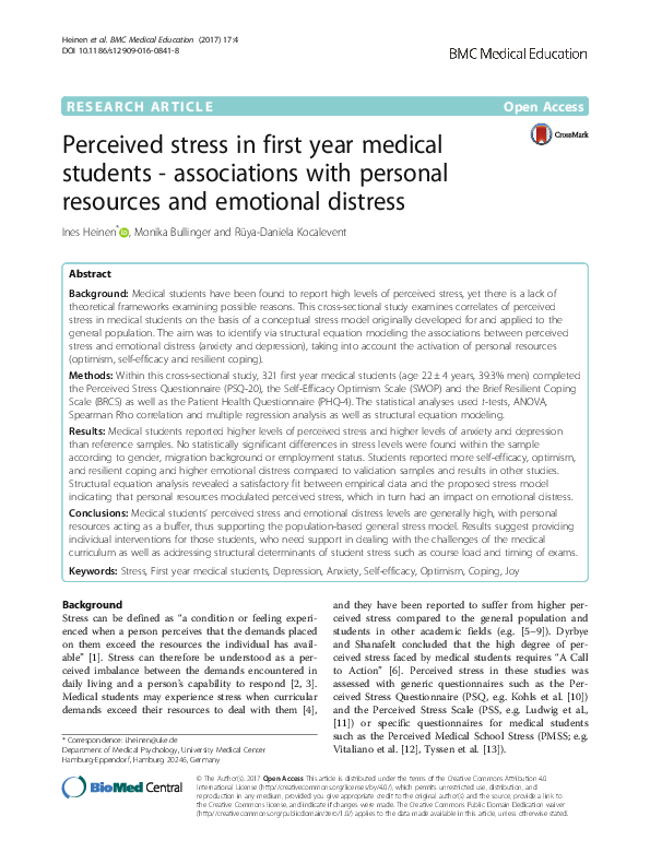 (PDF) Perceived stress in first year medical students - associations ...
