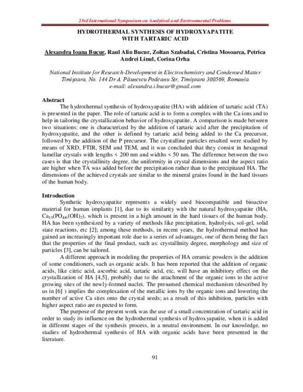 (PDF) Hydrothermal synthesis of hydroxyapatite with tartaric acid