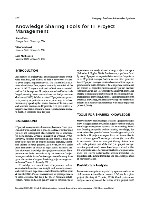 (PDF) Knowledge Sharing Tools for IT Project Management