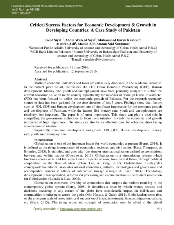 (PDF) Critical Success Factors for Economic Development & Growth in ...