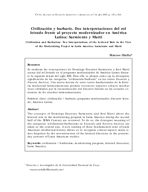 Civilización y barbarie. Dos interpretaciones del rol letrado frente al proyecto modernizador en América Latina: Sarmiento y Martí