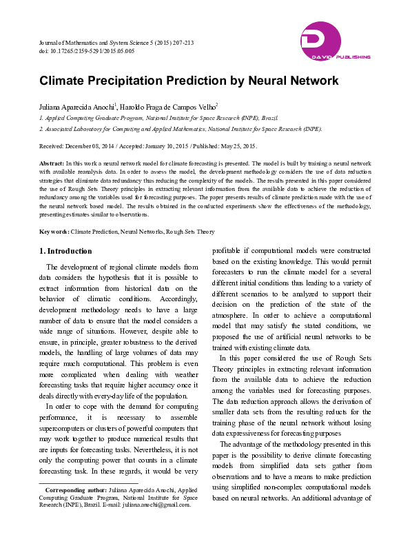 (PDF) Climate Precipitation Prediction by Neural Network