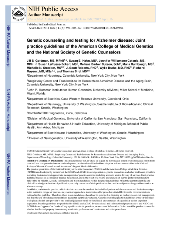 (PDF) Genetic counseling and testing for Alzheimer disease: Joint ...
