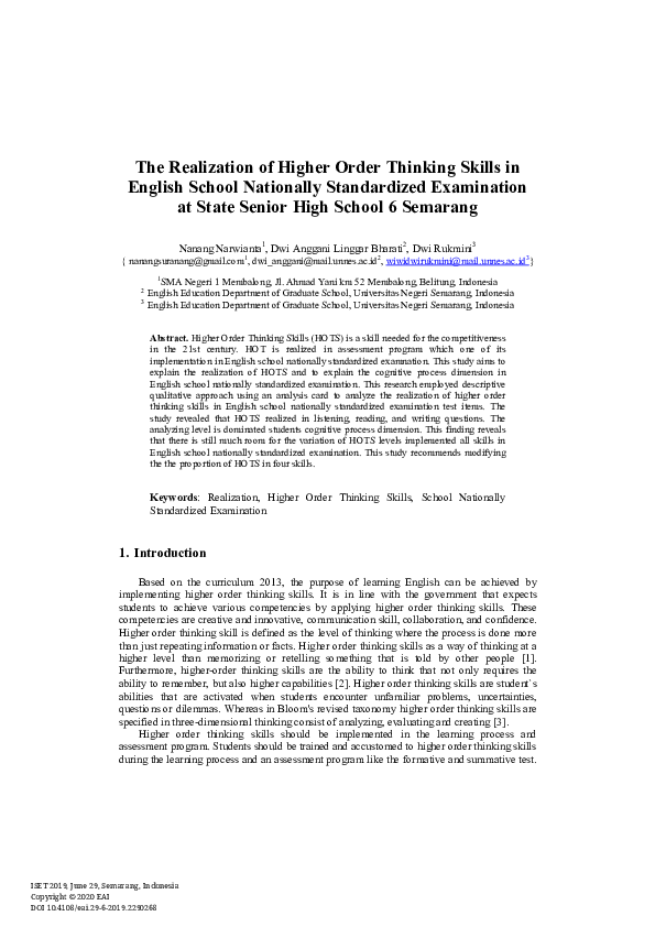 (PDF) The Realization of Higher Order Thinking Skills in English School ...